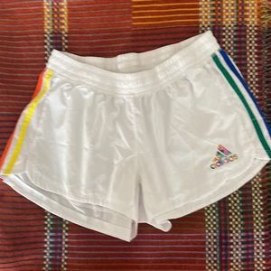 Limited edition once-worn Adidas rainbow racer stripe shorts. Size medium